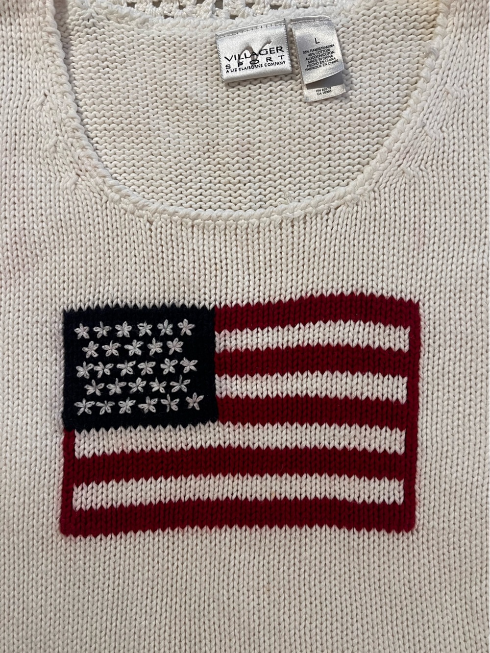 Villager Sport Cream Sleeveless Knit Sweater American Flag Patriotic Sz L